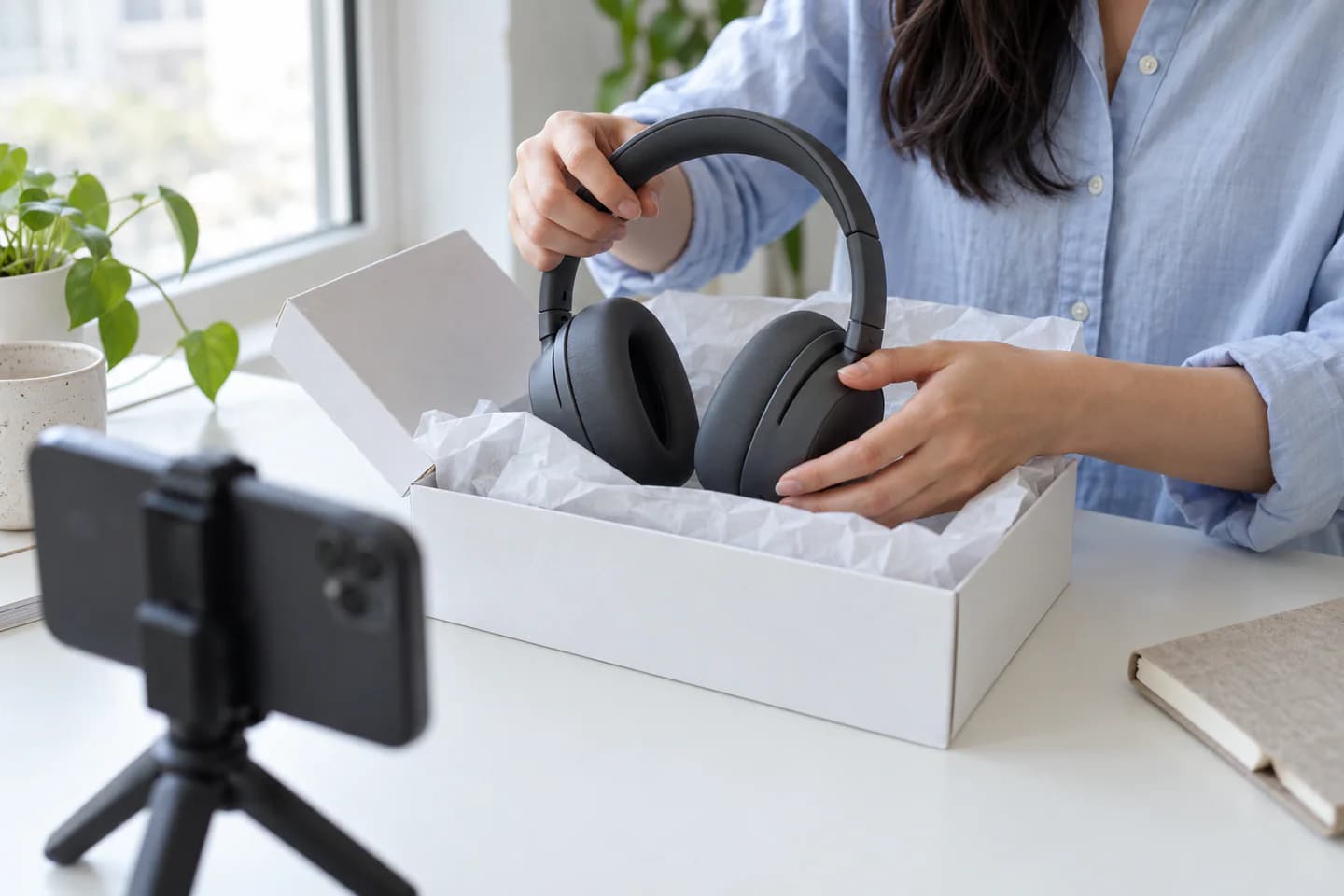 A creator unboxing slate-grey headphones while a smartphone records the product reveal