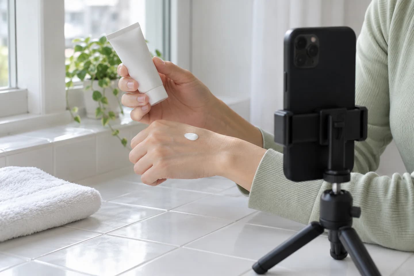 A creator filming a hands-on skincare demonstration with a smartphone in soft window light