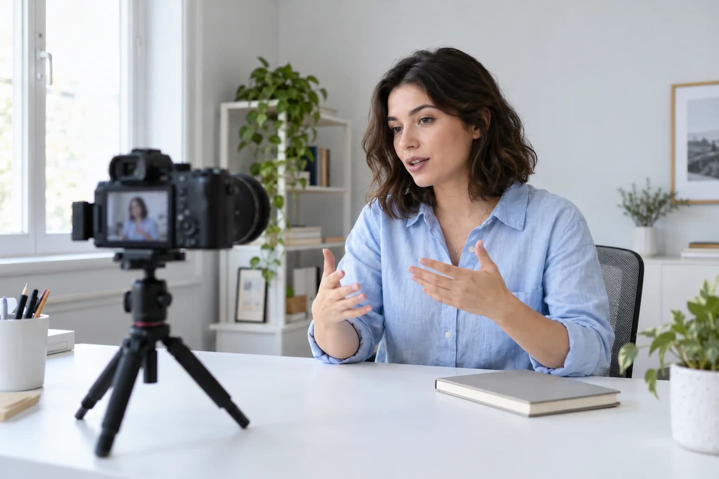 A creator recording an educational video with a camera at a naturally lit desk