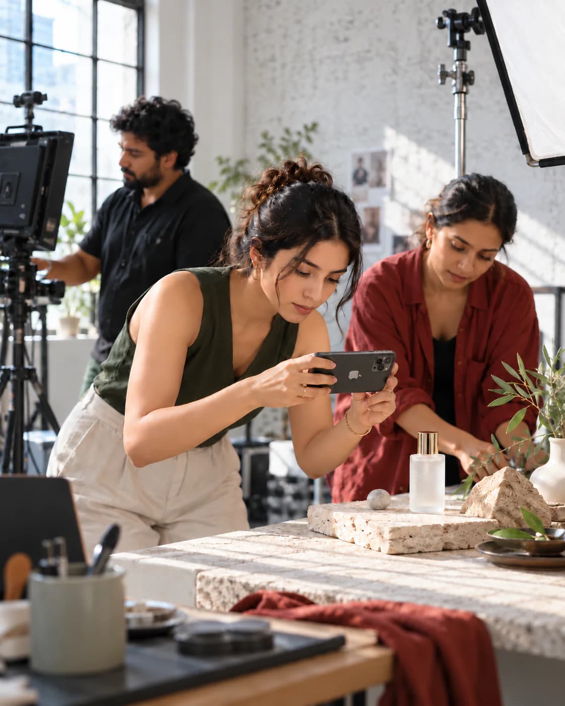A creator team filming a product with an iPhone held in landscape orientation